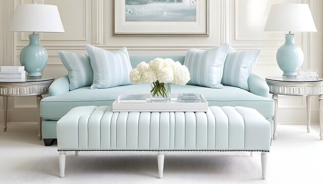 Serene living room with light blue sofa, ottoman, and striped pillows; complemented by white hydrangeas and matching lamps on side tables