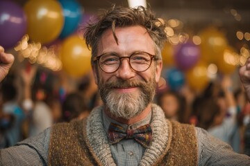 Cheerful middle-aged man with glasses, beard and bow tie celebrating at festive occasion with balloons and crowd