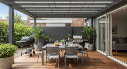 Fototapeta premium Outdoor patio with dining table and barbecue grill