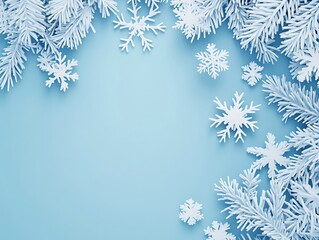 Snowflakes gently falling on a blue background with white space, creating a serene winter scene perfect for holiday designs and Christmas banners.