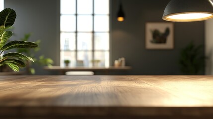 Cozy interior with wooden table, plants, and soft lighting