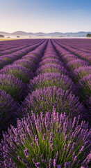 Naklejka premium Realistic Photo Lavender Field Rows Blooming Purple Flowers with Sunrise