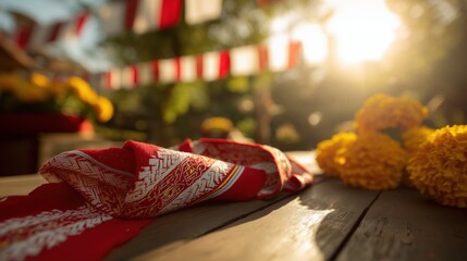 Traditional red and white sash with lucuma fruits, Andean flowers in warm light, celebrating Peruvian pride and heritage.