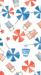 Obraz premium Red & Blue Beach Umbrellas and Chairs Pattern