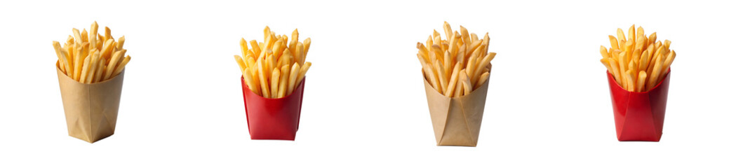 Four servings of golden french fries in paper containers, cut out transparent