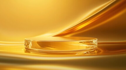 Transparent round object on shimmering golden fabric backdrop