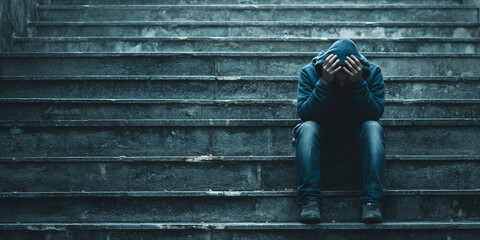 Person sits on stone stairs, head bowed in hands, conveying sadness or despair. Image symbolizes loneliness, depression, and mental health struggles