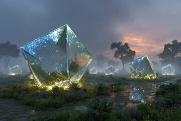 Crystalline monoliths at sunset in forest glade