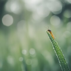 Fototapeta premium Dew Covered Blade of Grass with Small Insect Macro Photography of Nature