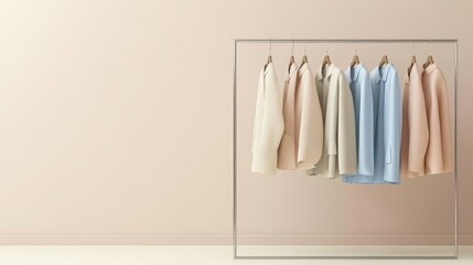 Stylish clothing display on hangers against a soft pink wall