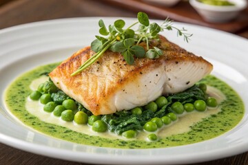 Sea scallops, fried until golden brown, on a bed of green peas and mint sauce on a white plate. High quality photo