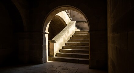 Stone stairway through an archway, contrast of light and shadow.