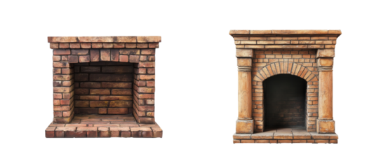 Brick fireplace, hearth design, two style, chimney, home decor, cut out transparent