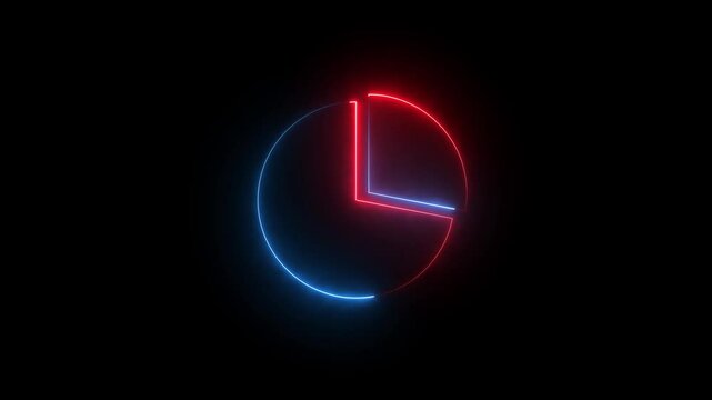 glowing neon line pie chart animated icon over black background