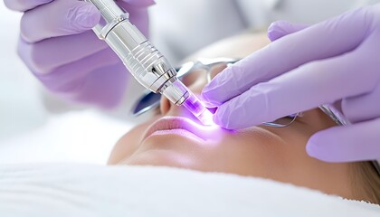 Close-up of a cosmetic procedure using a light emitting device on a person's face