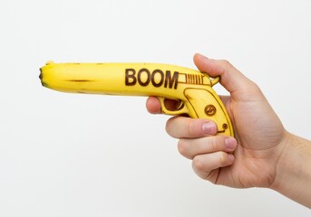 Hand holding a banana shaped like a gun with the word boom