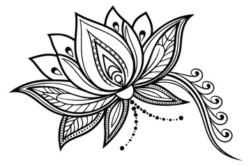 85 Intricate lotus mandala, black and white line art, symmetrical design, detailed petals, ornate patterns, dotted embellishments, zentangle style, spiritual symbol, sacred geometry, delicate floral m