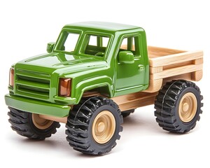 Fototapeta premium Green toy pickup truck with wooden bed and large tires