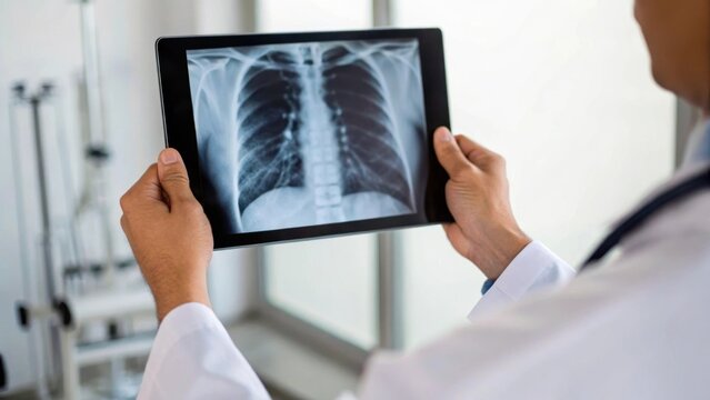 Doctor analyzing chest x ray on digital tablet in modern hospital