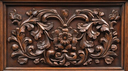 Intricate wooden floral carving with detailed leaves and petals