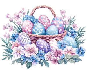 Pastel Easter eggs in a wicker basket surrounded by delicate spring flowers