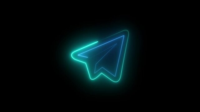 Paper Plane telegram neon sign appear in center and disappear some time. Animated blue neon icon on black background. Looped animation.4k resolution video. 4k