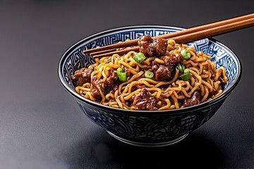 Savory beef noodles in a patterned bowl, garnished with green onions, served with chopsticks