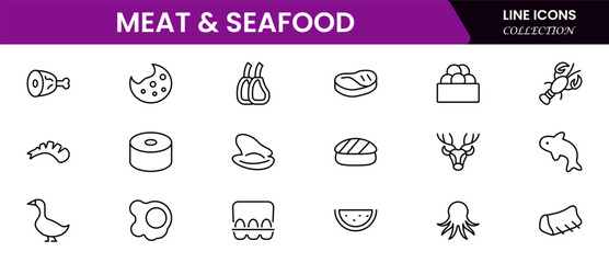 Meat, poultry, fish and eggs - minimal thin line web icon set. Outline icons collection. Simple vector illustration.