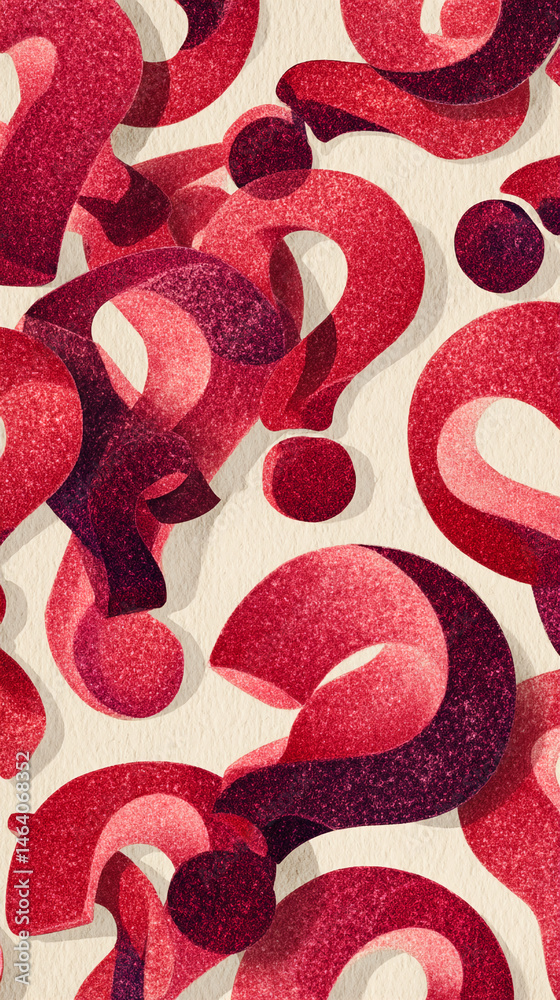 Poster Red textured question marks on beige background create abstract design, symbolizing curiosity, inquiry, and problem-solving