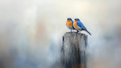 Two vibrant bluebirds rest on a weathered wooden post, their colorful plumage contrasting against the soft, misty backdrop of a serene natural landscape - Powered by Adobe