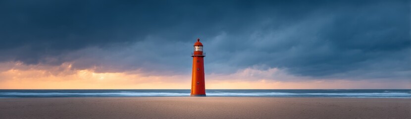 Vibrant Red Lighthouse Standing Alone on Sandy Beach at Dusk