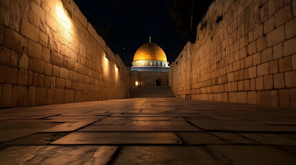 Fototapeta premium Nighttime Atmosphere of Tisha B'Av in Jerusalem with Illuminated Dome of the Rock Surrounded by Ancient Stone Walls