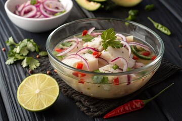 White fish ceviche (sea bass) with red onion, cilantro, lime and chili pepper in a glass bowl. High quality photo