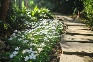 Sunlight-dappled garden path lined with tiny white flowers.