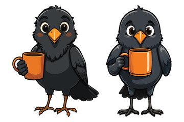 Obraz premium Cartoon Crow with Orange Mug T-Shirt - Cute Animal Graphic Tee