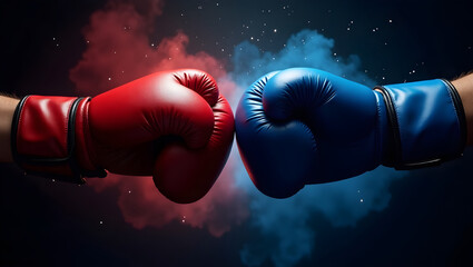 A dramatic close-up of red and blue boxing gloves pushing against each other, representing competition and strength in sports