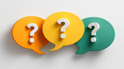 Three speech bubbles, orange, yellow, green, each with white question mark, represent inquiry, dialogue, brainstorming, problem-solving