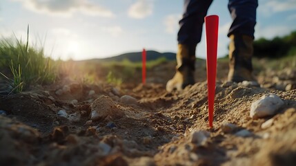 Surveyor's Flags Marking Soil in Outdoor Setting
