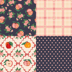 Coquette core preppy bows, polka dot, apple checkered seamless pattern set, wrapping, fabric textile © Iryna