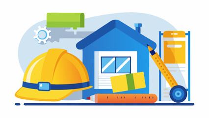 Home construction planning blueprint hard hat new house project design tools ruler pencil vibrant