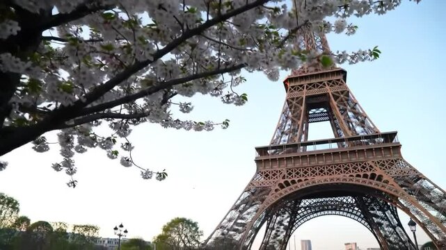 Eiffel Tower Springtime: Cherry Blossoms Frame Iconic Landmark