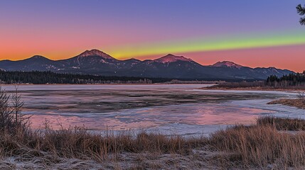 Obraz premium Glowing aurora over pristine icy tundra mountains rising in the distance cinematic arctic serenity
