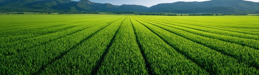 Naklejka premium Lush Green Landscape with Patterned Rows of Growing Crop Fields
