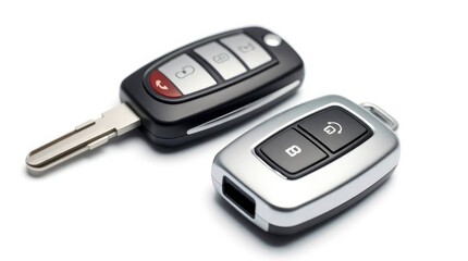 A modern car key with remote and a minimalist key fob are isolated on a clean white surface.
