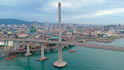 Aerial view of the Cebu Cordova Link Expressway and downtown Cebu City, Philippines.