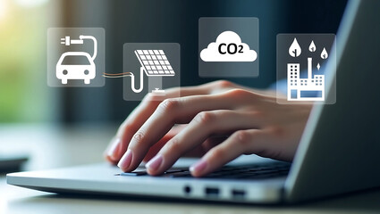 Fototapeta premium Carbon footprint reduction through renewable energy sourcing and emissions trading by businessman managing net-zero strategy on laptop