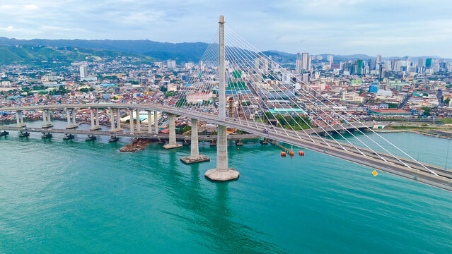 Cebu Cordova Link Expressway and Downtown Cebu. Aerial View of the Bridge CCLEX. Cebu CIty, Philippines.