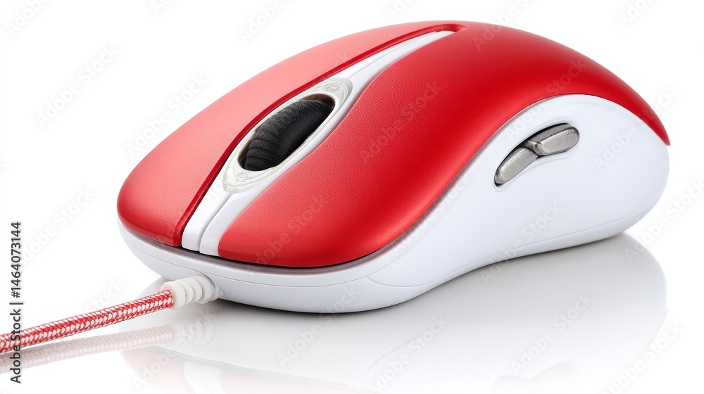 Poster red and white computer mouse, precision clicking smooth scrolling for enhanced productivity