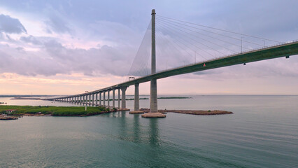 Early morning , Cebu Cordova Link Expressway, CCLEX. Looking towards Mactan across the Mactan Channel. Aerial Drone Photo.