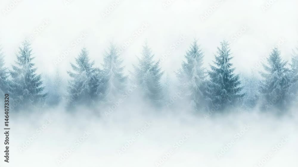 Poster coniferous trees blanketed in snow rise from a thick fog. creating an enchanting winter forest lands